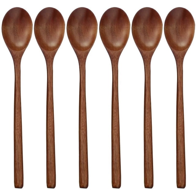 Wooden Spoons, 6 Pieces 9 Inch Wood Soup Spoons for Eating Mixing Stirring, Long Handle Spoon with Japanese Style Kitchen Utensil, ADLORYEA Eco Friendly Table Spoon