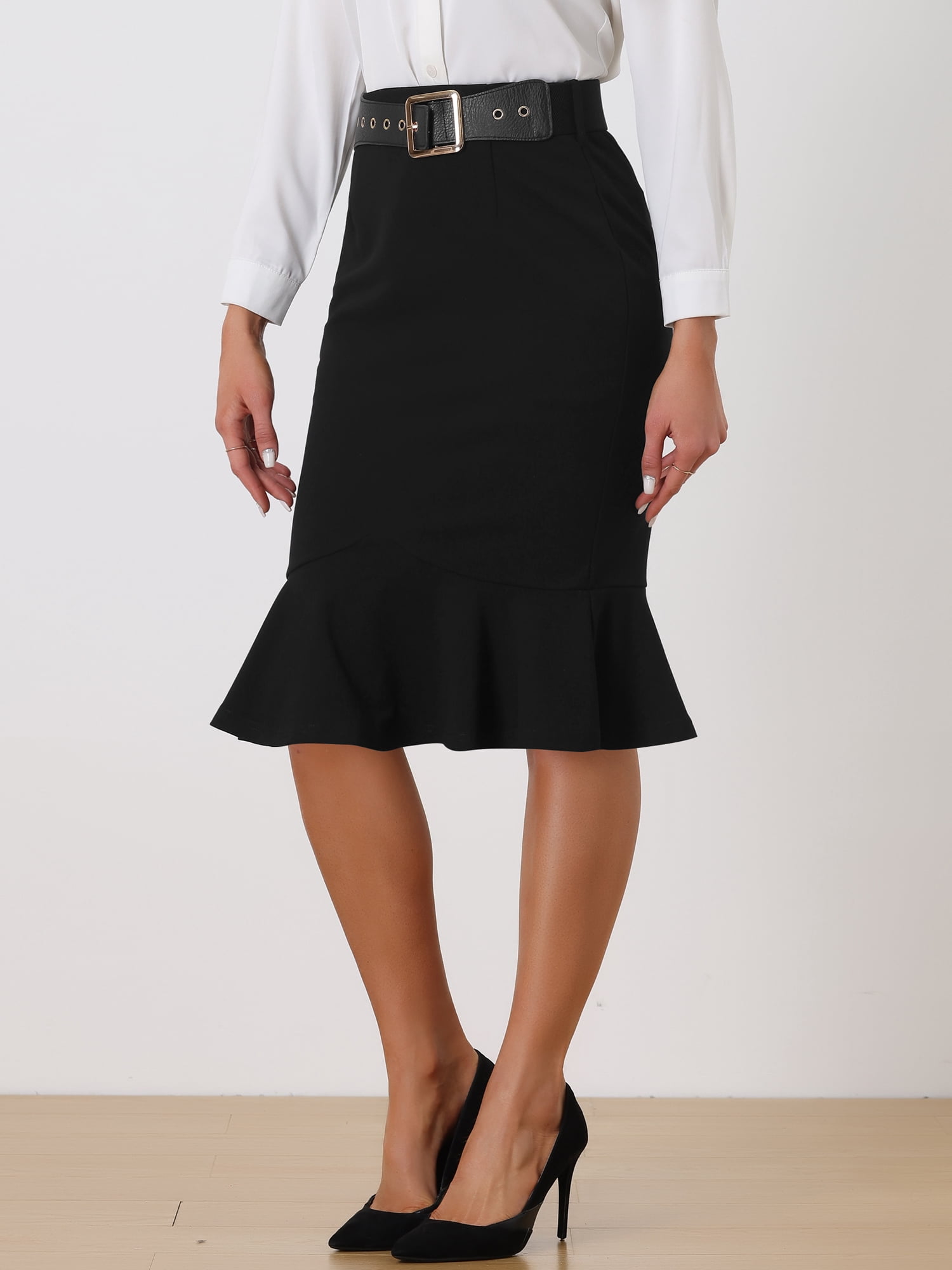 DARING DIVA Women's High Waisted Mermaid Ruffle Hem Pencil Skirts with Belt XS Black