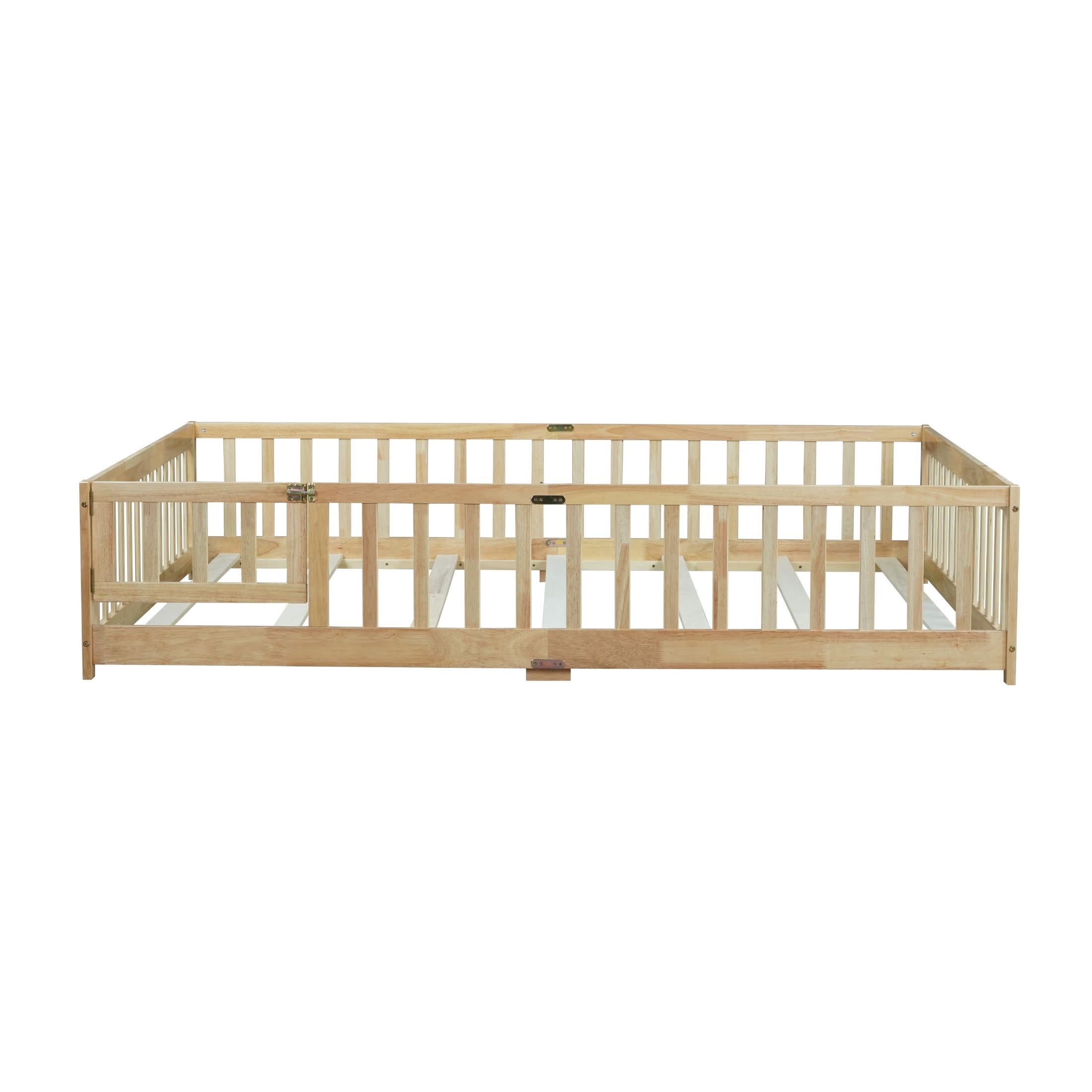 Noble House Queen Floor Bed with Safety Guardrails and Door, Rubber Wood Montessori Bed, Kid's Room, Natural