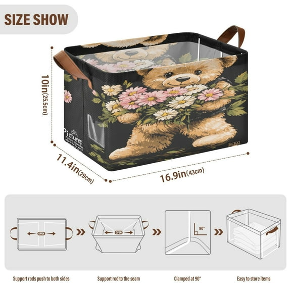 BZSMCE Collapsible Fabric Cube Storage Bins Cute Bear Holding Flowers Design Pattern Storage Box