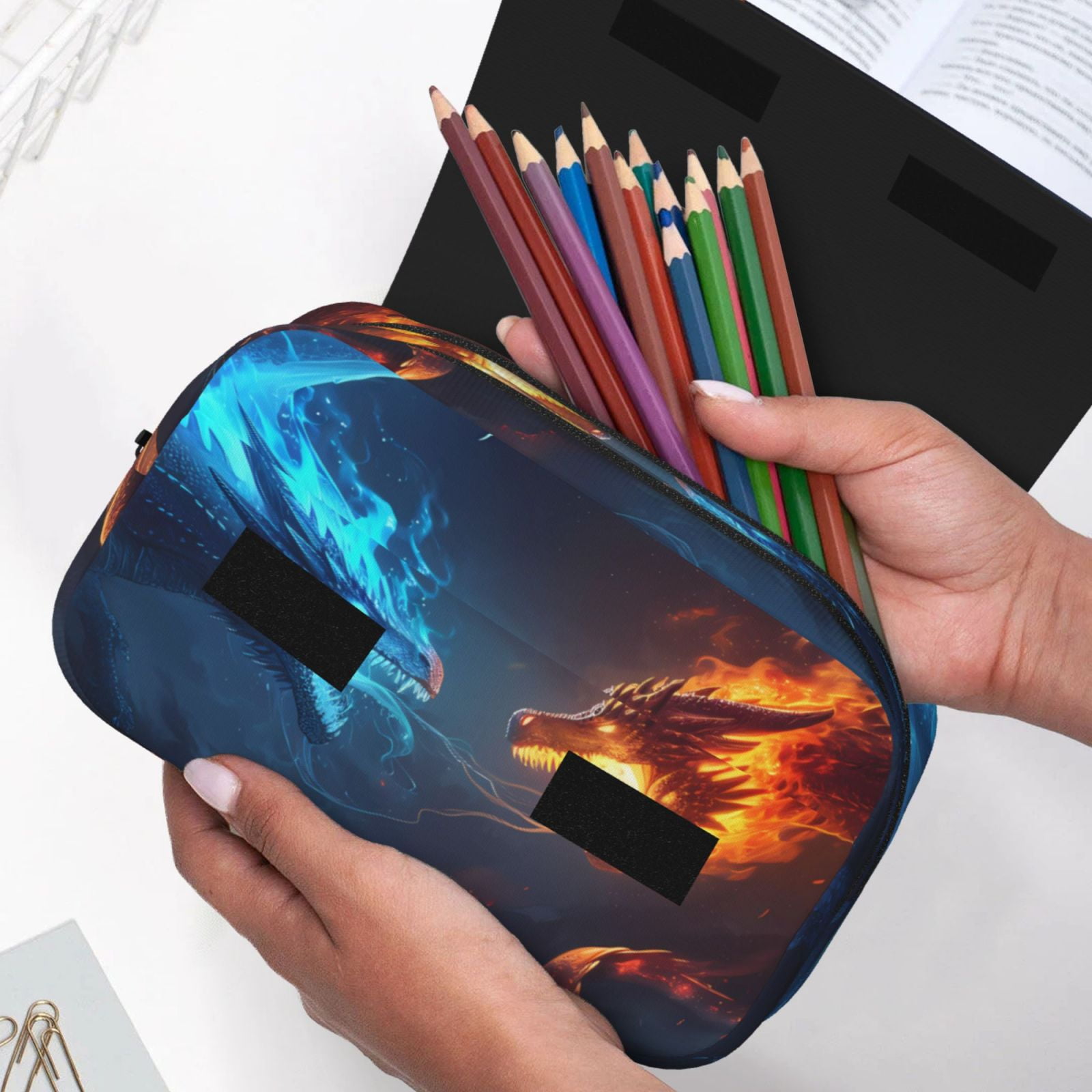 Rateoe Red And Blue Fire Dragon C Pattern Double Clamshell Pen Case, Storage Organizer with Two Zipper Compartments– Holds Up to 50 Pencils & Pens