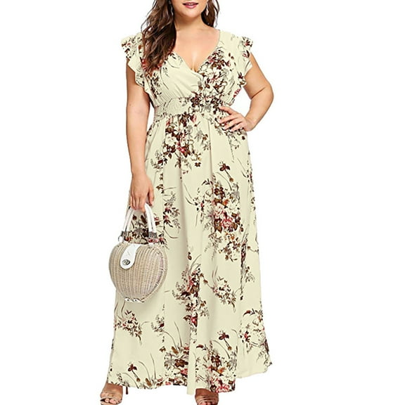 CHGBMOK Plus Size Dresses for Women 2024 Boho Sleeveles Sundresses Floral Print Ruffle Hem Maxi Dress Casual Beach Party