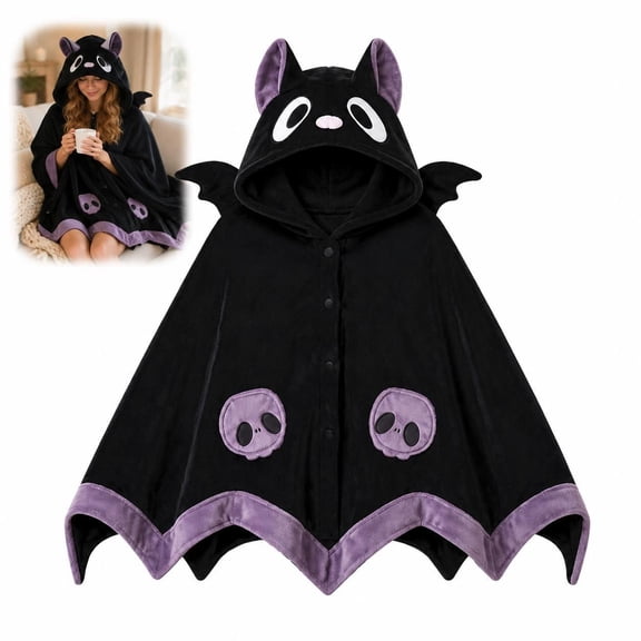 Halloween Bat Wearable Blanket Hoodie, Women Cute Warm Plush Bat Button Blanket Onesie with Hood, Oversized Cozy Halloween Pajamas Cosplay Shawl Cloak for Home and Parties