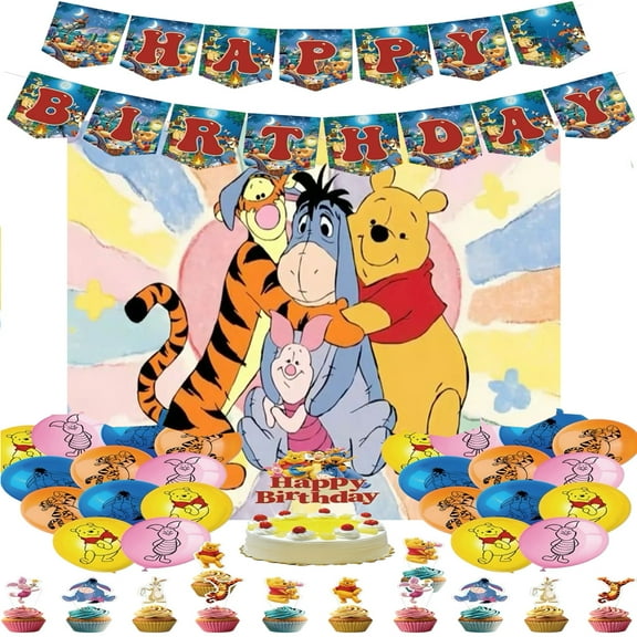 Bear Winnie Birthday Party Supplies, Eeyore Themed Party Set, Include Happy Birthday Banner, Backdrop, Balloons, Cupcake Toppers, for Kids Birthday, Baby Shower