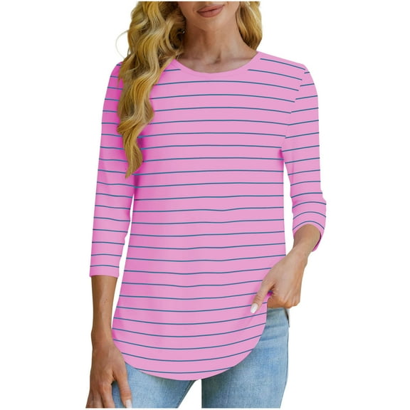 Olyvenn Womens 3/4 Sleeve T Shirts 2025 Boat Neck Striped Casual Basic Tshirt Fall Tops Fitted Ladies Blouses Hot Pink XL