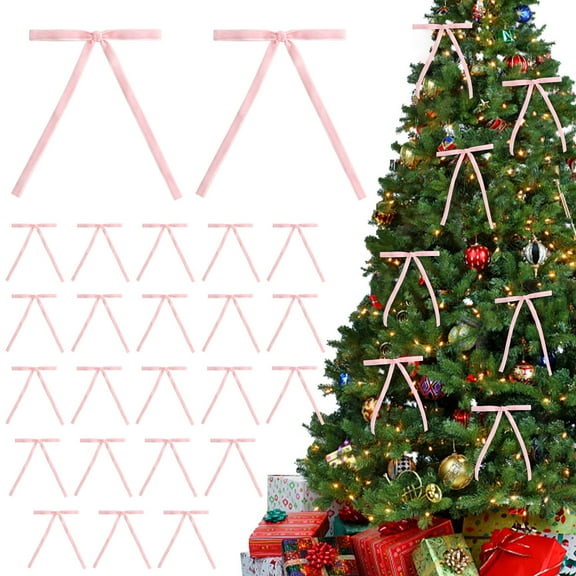 DESKABLY 24 Pcs Pink Velvet Christmas Tree Bows Door Garland Decor Vintage Wreath Bow Ornaments for Home Office Party
