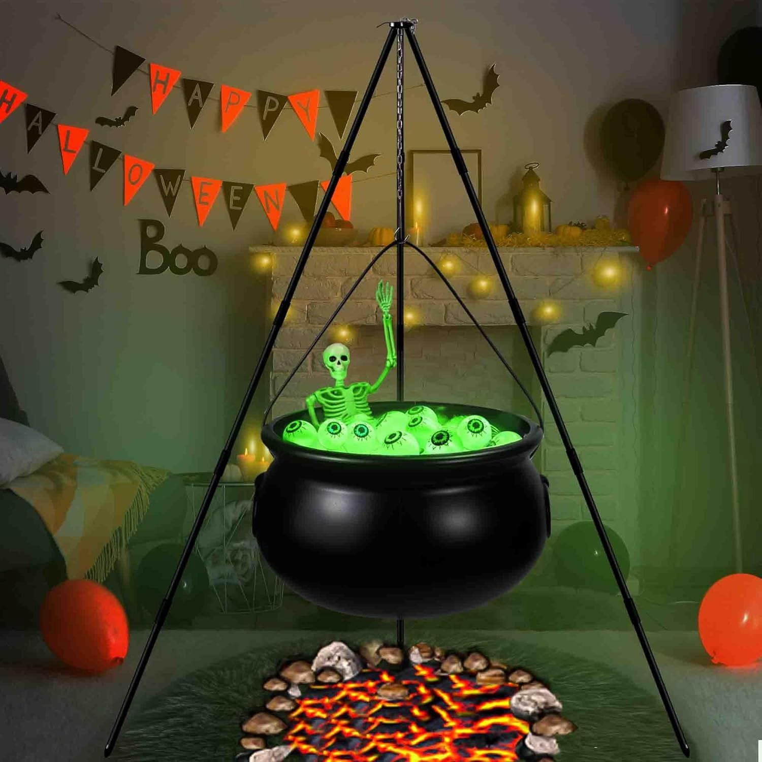 Halloween Witch Cauldron with Tripod, Lighted Eyeballs, Skeleton and Filling Cotton, Outdoor and Indoor Yard, Porch and Party Decoration