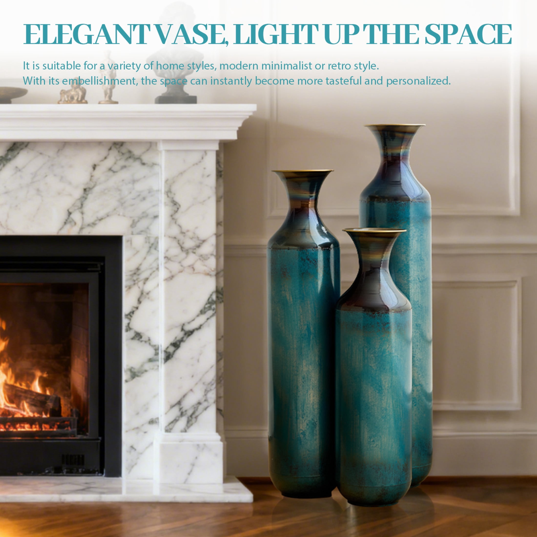 Noble House Set of 3 Torch-Fired Metal Floor Vases, 28.34", 24.4", 20.4" Tall, Aqua Blue