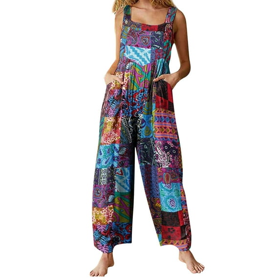 Liacowi Women's Dungarees Vintage Floral Loose Casual Baggy Sleeveless Overall Jumpsuit Playsuit Trousers Pants Romper