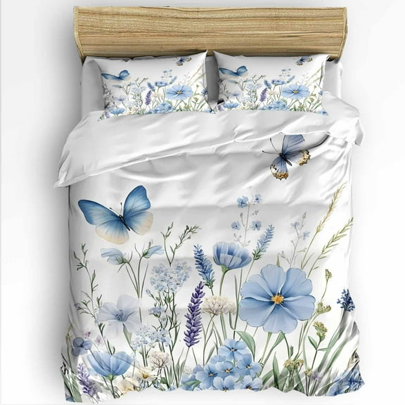 Spring King Size Comforter Set, Blue Wildflowers Field Butterfly Rustic Scenery Soft Bedding for All Seasons, 4 Pcs Bed Set with 1Comforter (90"x106") ,1 Sheet(94"x116"), 2 Pillowcases (19"x35")