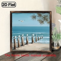 Vintage Ocean Landscape Wall Art - Coastal Beach Scene with Seagulls, Lightweight Wooden Framed Painting for Farmhouse, Living Room, Bathroom, Easy Hang Installation, Housewarming or Wedding