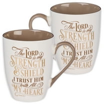 Lord is My Strength Psalm 28:7 Ceramic Christian Coffee Mug for Women and Men - Taupe/Gold Inspirational Coffee Cup, 12-Ounce