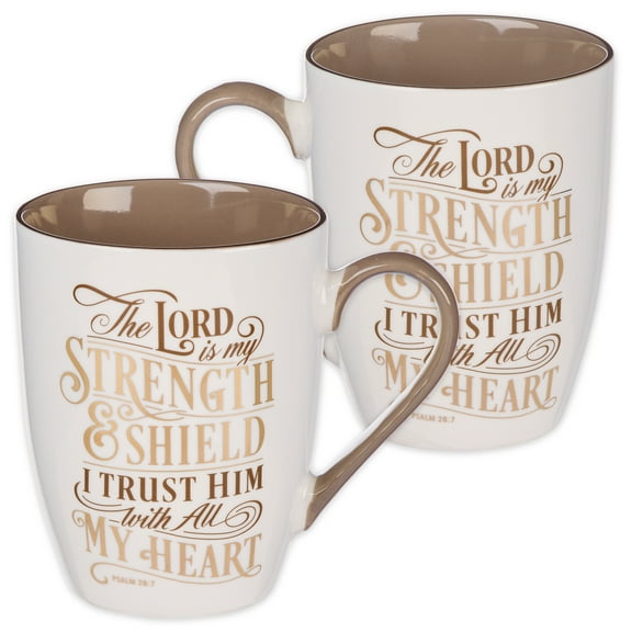 Lord is My Strength Psalm 28:7 Ceramic Christian Coffee Mug for Women and Men - Taupe/Gold Inspirational Coffee Cup, 12-Ounce