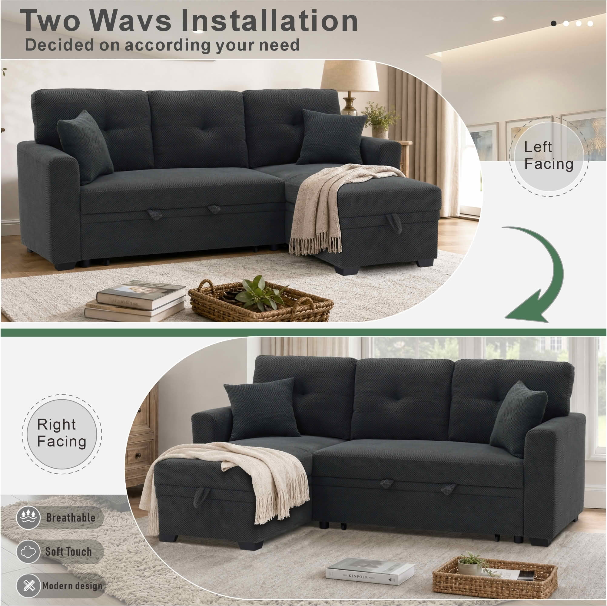MAYEERTY L‑Shaped Sleeper Sectional Sofa, Convertible Pull‑Out Bed with Reversible Storage Chaise, Dark Gray Breathable Polyester Fabric for Small Living Spaces