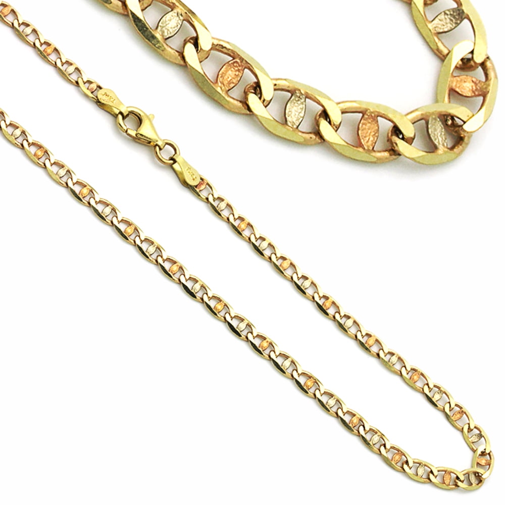 14K TriColor Gold Flat Mariner Link Chain Necklaces Width 3.5mm
