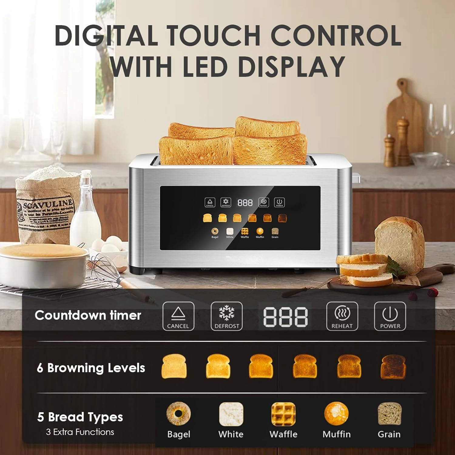 Maircle Toaster 4 Slice, Long Slots 1.5" Extra Wide Slots for Bagels & Waffles, TouchScreen, 6 Browning Levels, Timer, Defrost, Cancel Function, Auto Shut-Off, Removable Crumb Tray, Stainless Steel