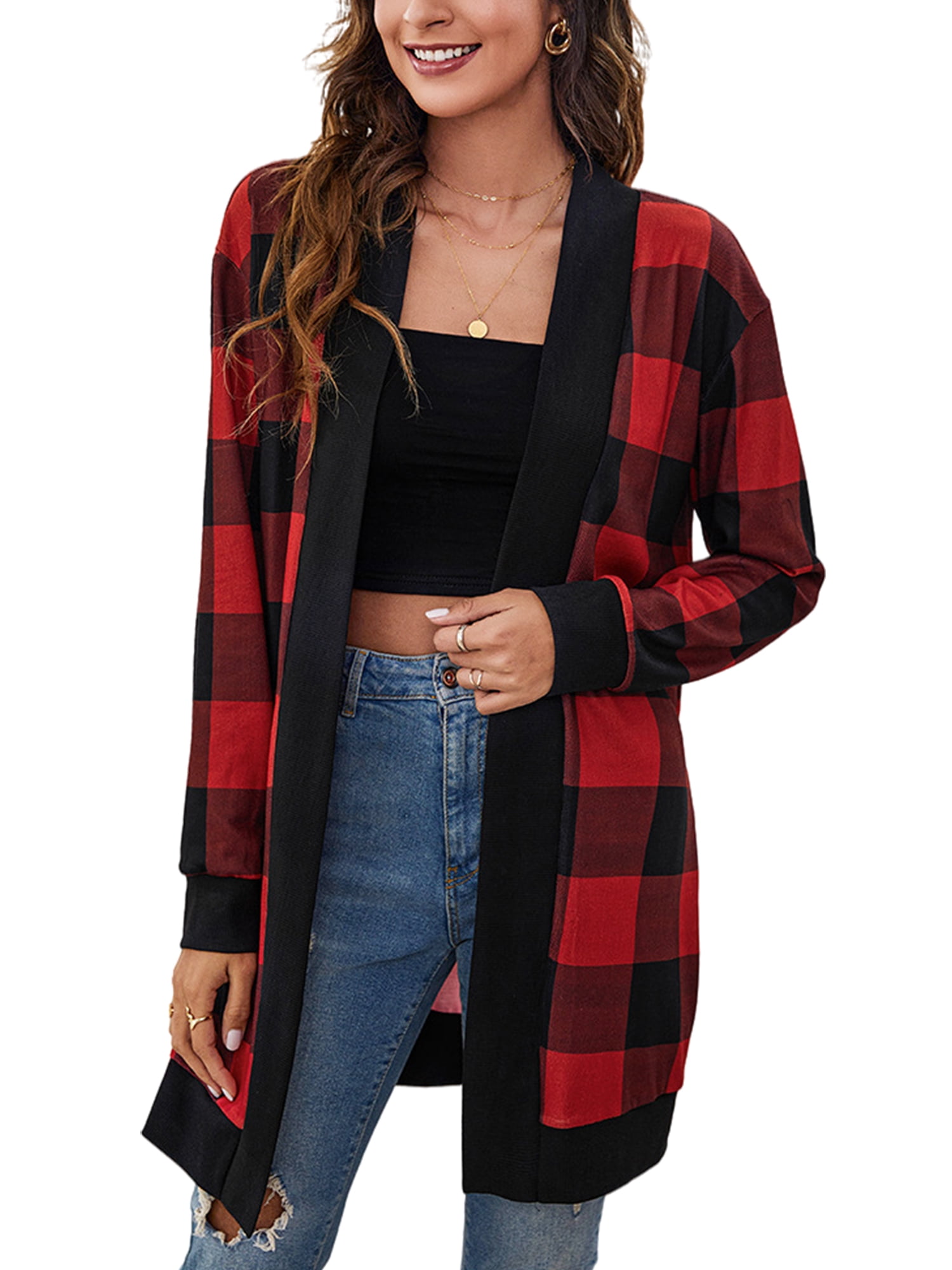 Plaid open front cardigan discount