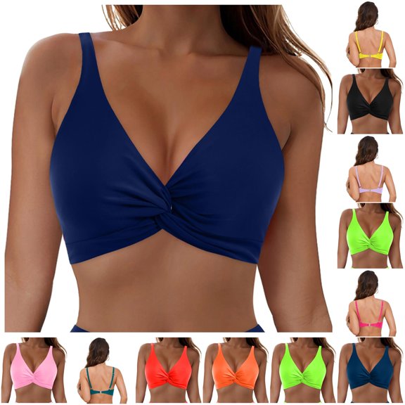 ZHOGXU Womens Bikini Top Full Coverage Solid Color V Neck Suspenders Comfortable Swim Top Swimsuit Swimwear For Holiday Vacation Beach,Navy,Xxl