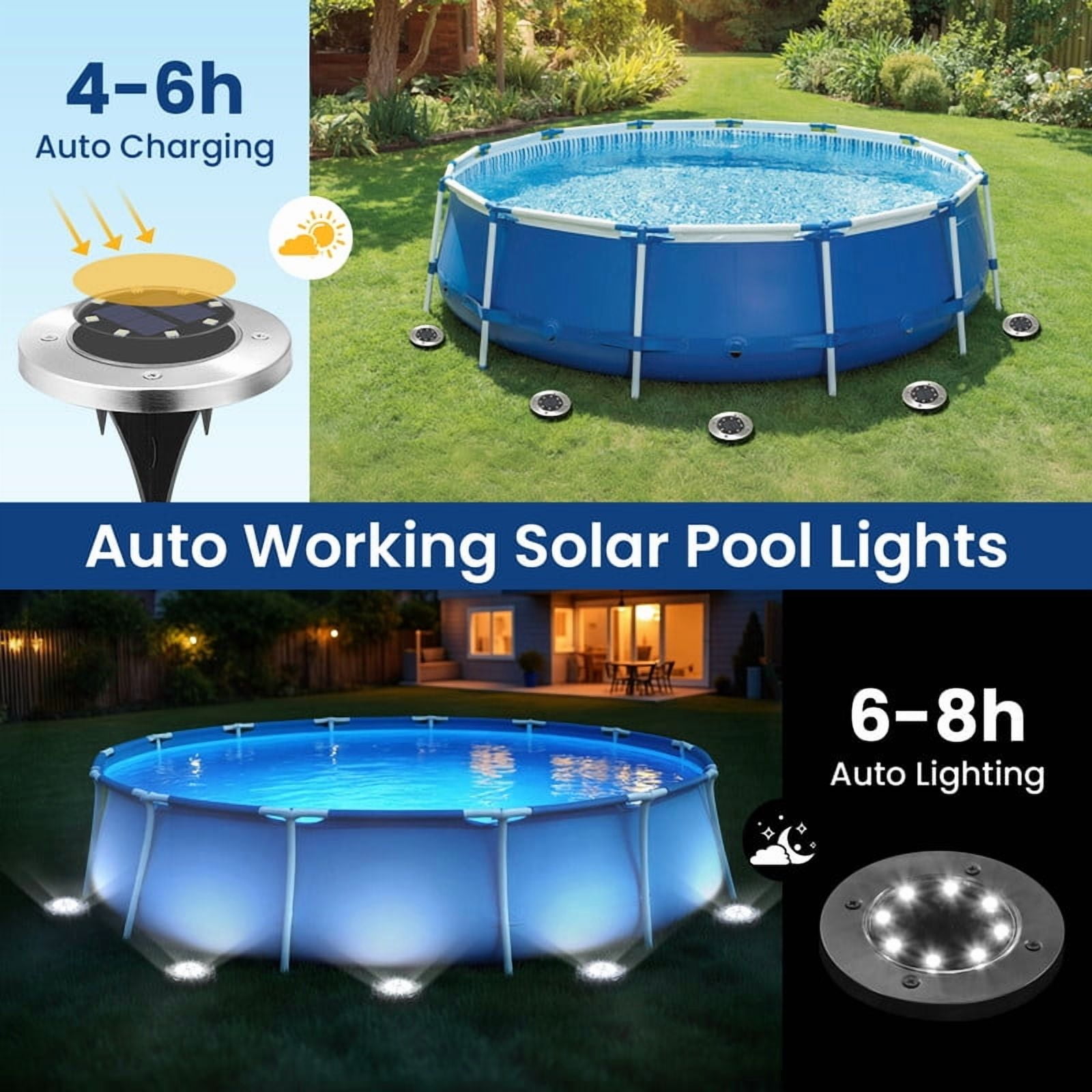 FKHouse 6 Pack Solar Ground Lights Outdoor, 8 LED Waterproof Landscape Lights for Pathway, Yard, Lawn, Patio and Walkway（Cold White）