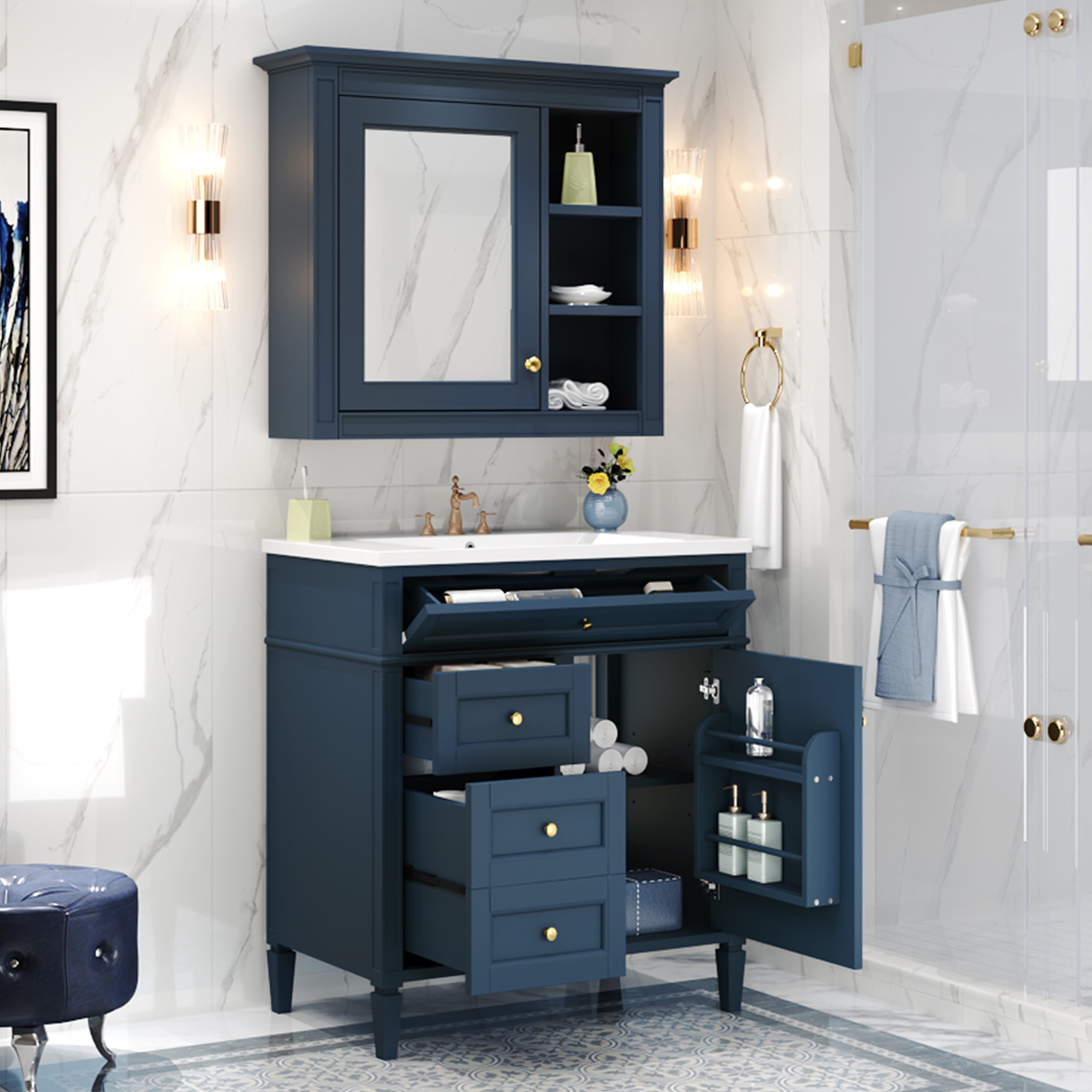 30'' Bathroom Vanity with Top Sink, Modern Bathroom Storage Cabinet with 2 Drawers and a Tip-out Drawer,  Freestanding Vanity Set with Mirror Cabinet, Single Sink Bathroom Vanity