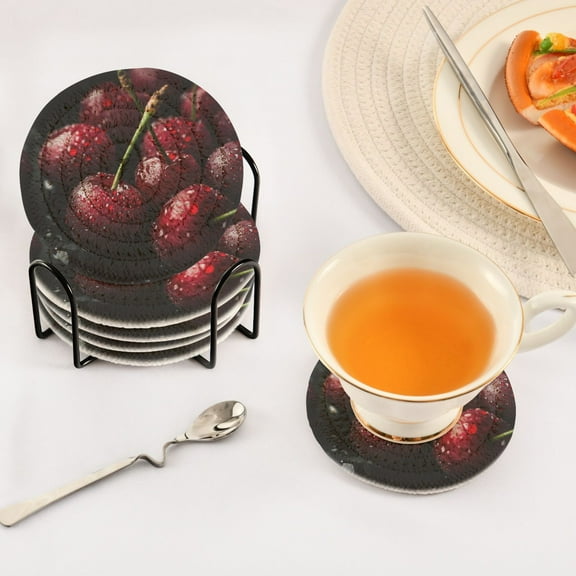 BZSMCE 6Pcs Drink Coasters With Holder 3.94Inch Wet Cherries Creative Coil Coaster Coasters Colors Absorbent Coasters for Drinks Coasters Set Thicken Heat for Home Table