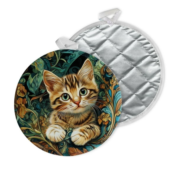 2 PCS Pot Holders for Kitchen,Potholders Sets with Hook for Oven,Cooking,Baking,Kitten Among Ornate Leaves