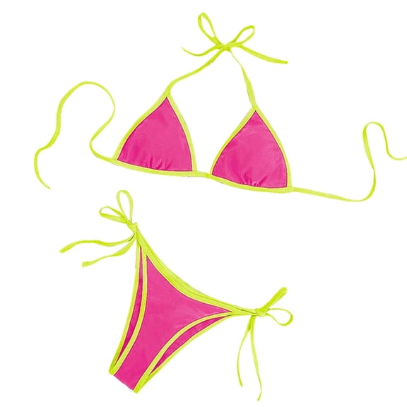 JSGEK Women Sexy Bikini Set Solid Color Extended Sizing Drawstring Detail Padded Support Beach Ready Padded Support Pink S