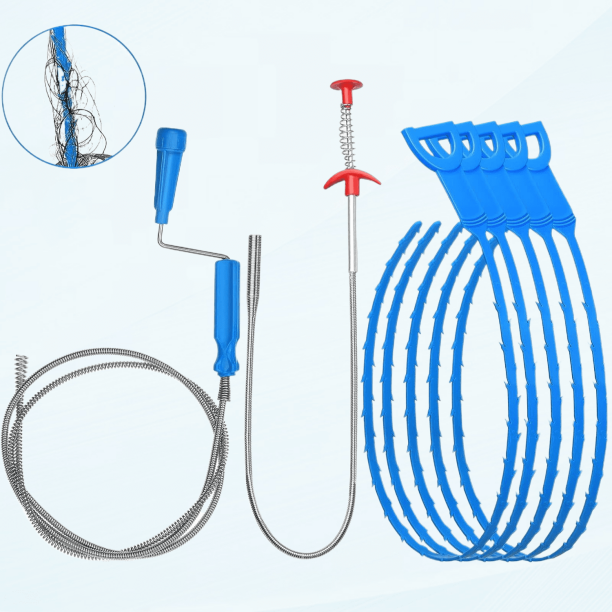 Kit de desatascador de desagües 7 en 1, 5 piezas de 61 cm (24 pulgadas), limpiador de desagües de acero inoxidable de 61 cm y cepillo de limpieza de desagües de 130 cm (51,18 pulgadas), desatascador