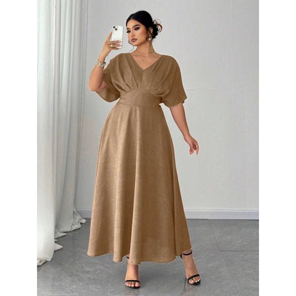 Plus Size Khaki V-Neck Short Sleeve Casual Midi Dress
