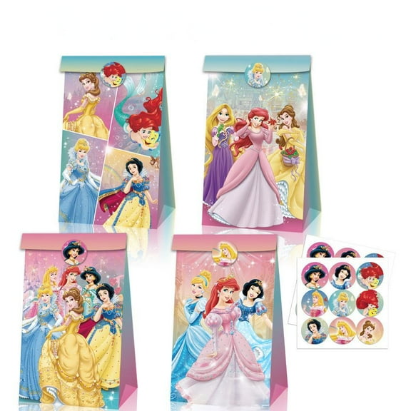12 PCS Princess Paper Bags and 18 PCS Sticker Princess Theme Party Paper Gift Bags with Handle for Birthday Party Favor Treat Goodie Bags Party Decoration Supplies (8.6*4.7*3.1 IN)