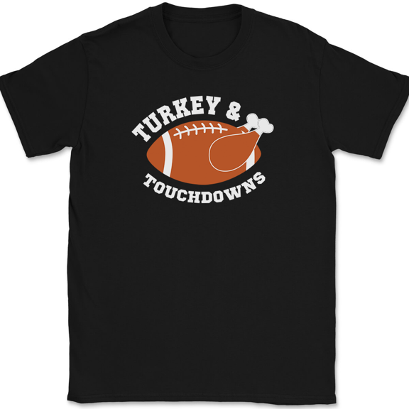Turkey Touchdown Football T-Shirt Funny Thanksgiving Holiday Humor Gift Tee - Black, S