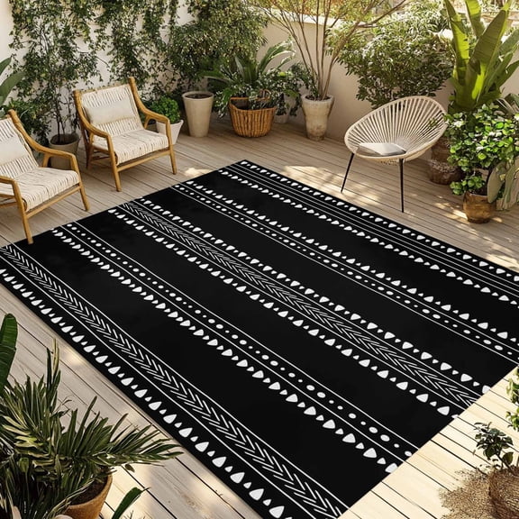 Black Boho Geometric Outdoor Rug for Patio/Deck/Porch, Non-Slip Large Area Rug 6 x 9 Ft, Abstract Art Dots Striped Indoor Outdoor Rugs Washable Area Rugs, Reversible Camping Rug Carpet Runner