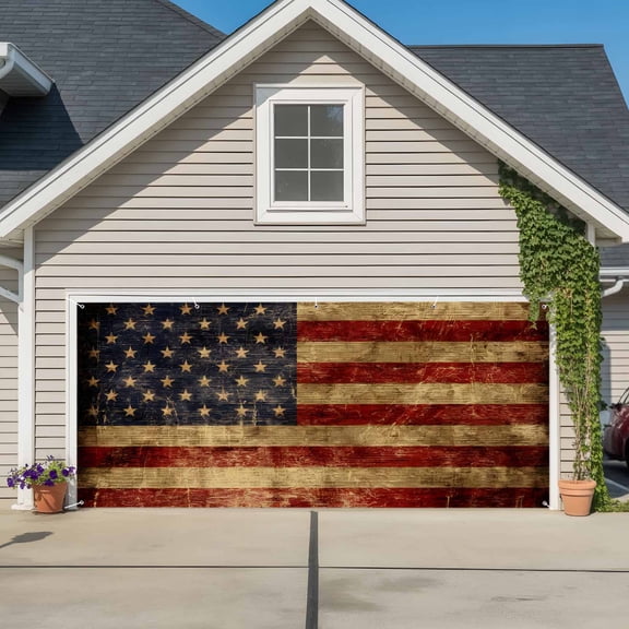 American Flag Garage Door Cover Banner 7 x 8 FT, Farmhouse Vintage Retro Red Blue Garage Door Curtains Backdrop with Grommets for Indoor Outdoor Wall Party Porch Yard Decorations Background