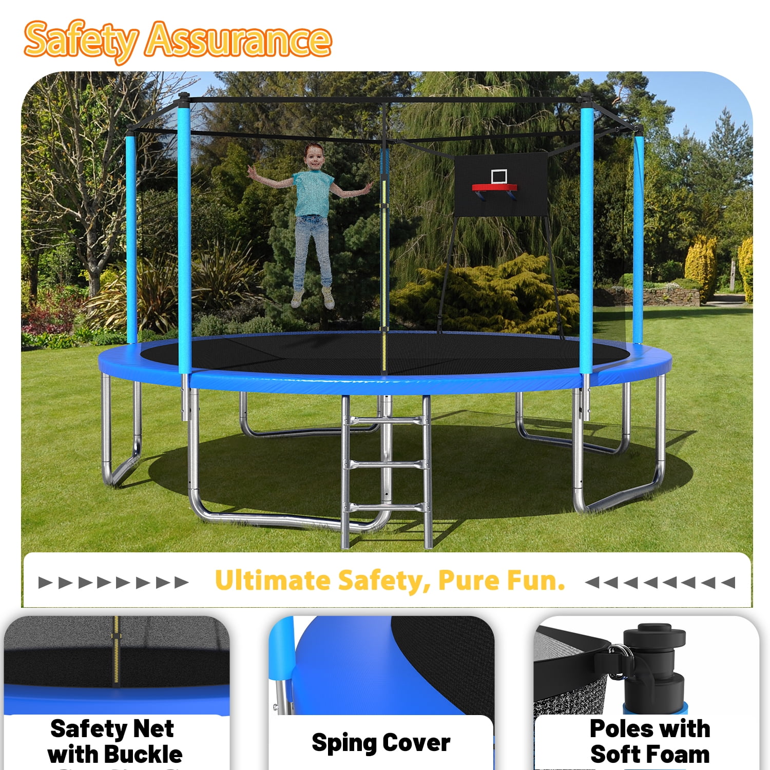 Leumius 14ft Trampoline with Basketball Hoop,Heavy-Duty Outdoor Trampoline with with Enclosure Net,Upgraded Kids Recreational Trampoline for Family,Blue