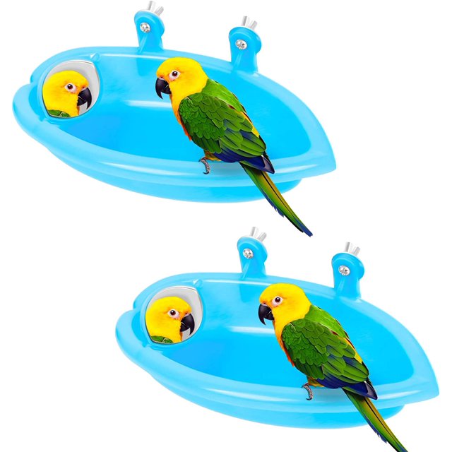 Baño para pájaros, los baños para loros de 2 piezas son adecuados para pájaros pequeños como loros canarios, los baños para pájaros de plástico tienen un espejo ajustable para atraer la atención del p