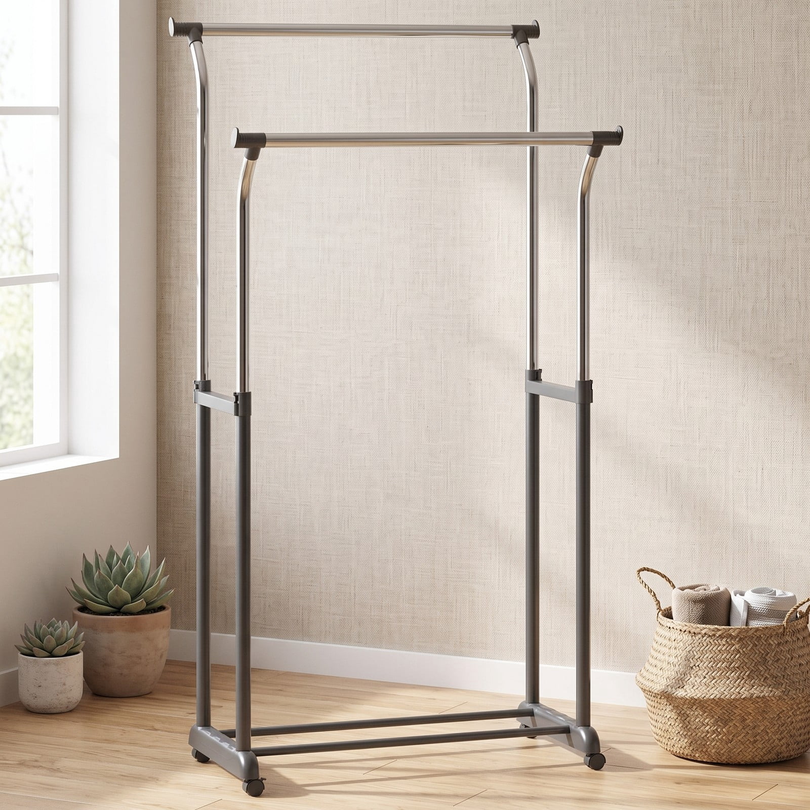 Furnibear Rolling Double Rod Garment Rack with Adjustable Height and Locking Casters for Bedroom and Closet, Black and Silver