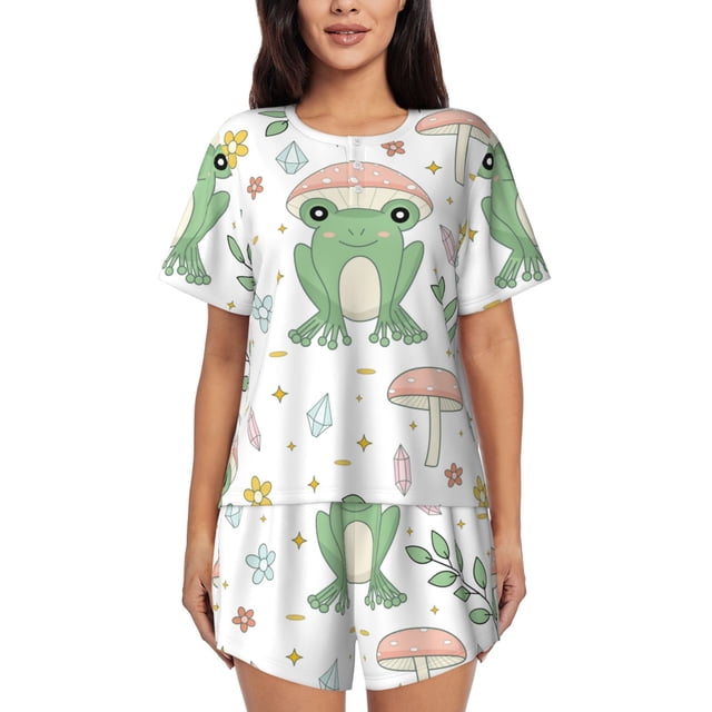 Xecao Frog and Mushrooms Pattern Women's Short Sleeve Pajama Set Soft Sleepwear Lounge Set with Button Front Top and Drawstring Shorts with Pockets-X-Large