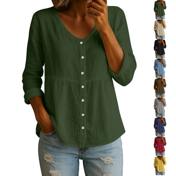 TGSLY Women's Button-Down Linen Shirts Lightweight Soft V Neck Solid Color Shirts Roll-Up Relaxed Casual Empire Waist Long Sleeve Blouses M