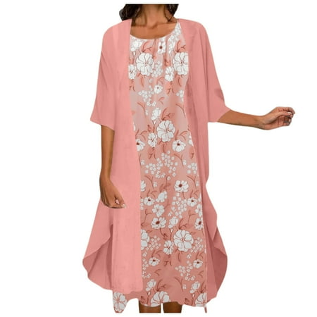 Blphud Casual Everyday Dresses for Women Womens Maxi Dress Women Casual Embroidery Dress Round Neck Dress Half Sleeve Chiffon Two Set Dress Straight Dress Summer Pink L