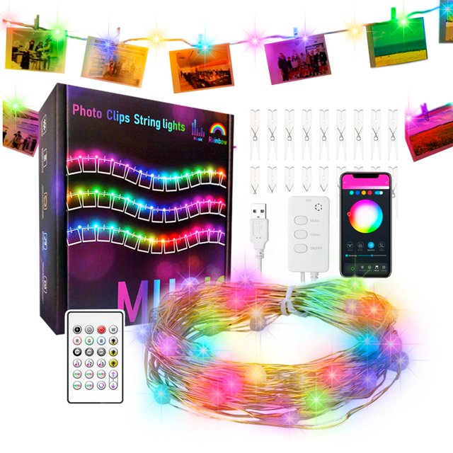 Foto Clips Portaretratos Con Luz Led Decorativa 66 Clips 10m Multicolor Control con App Dosyu
