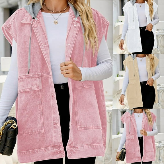 Lovskoo Women's Summer Fall Long Sleeve Denim Jean Vest Hooded Shirt Oversized Mid Long Jean Sleeveless Distressed Coat White