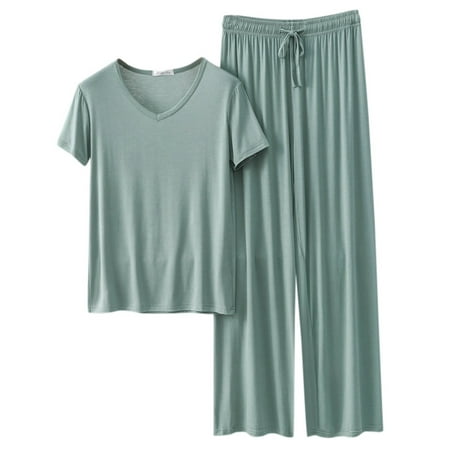 UJNDER Women Homewear Solid Color Loose Pajamas Short Sleeve T Shirt Drawstring Wide Leg Pants Sleepwear Two Piece Set Pant Suits for Women Light Green XXL