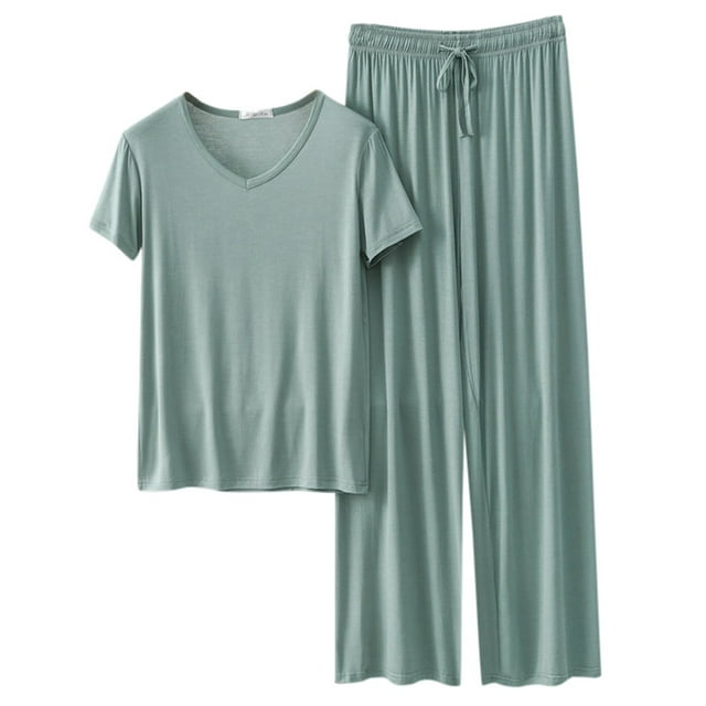 Womens 2 Piece Pajama Set - Short Sleeve Top & Wide Leg Pants - Polyester Spandex, Casual Homewear - M-XXL Sizes
