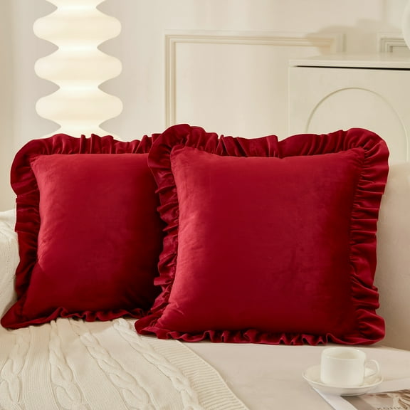 XEEZ Velvet Plush Throw Pillow Cover for Sofa, Set of 2 Dutch Velvet Decorative Pillow Covers with Lace 18.0 x 18.0inch Solid Color Nostalgic Chic Farmhouse Cushion Cover