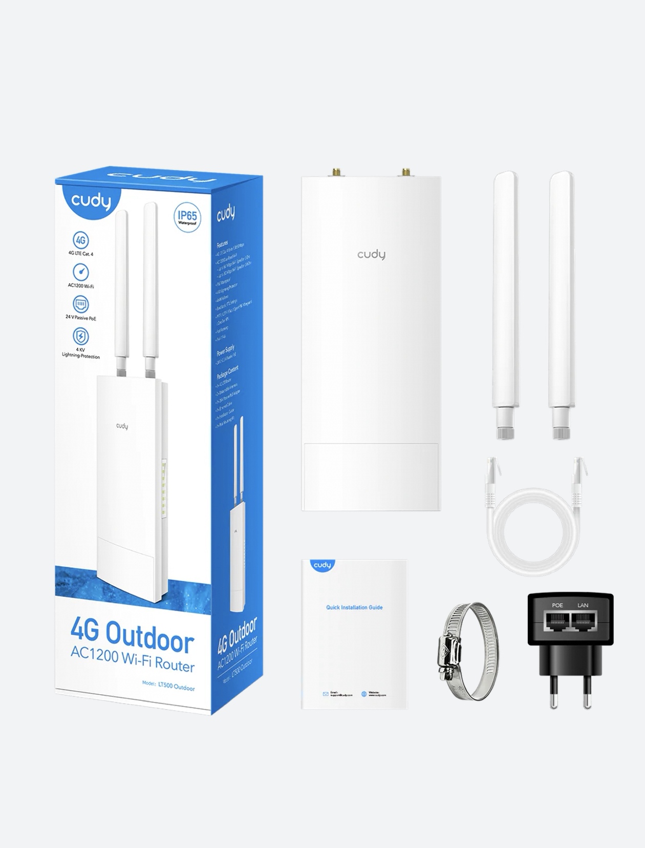 Cudy LT500 Outdoor 4G Router: 4G LTE Cat.4 AC1200 Dual-Band WiFi, IP65 Waterproof, PoE Power Support, VPN Server Support, Universal Network Compatibility (Verizon/T-Mobile Supported)