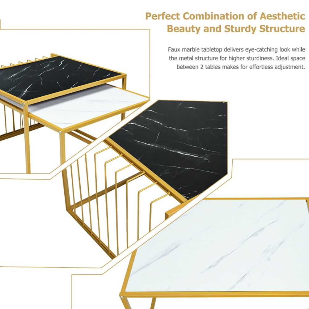 Finihen Side Table, Rectangular Coffee Table, Set of 2 Modern Stackable 31.5 Inch Side Table with Waterproof Faux Marble Tabletop, for Living Room, Black & White