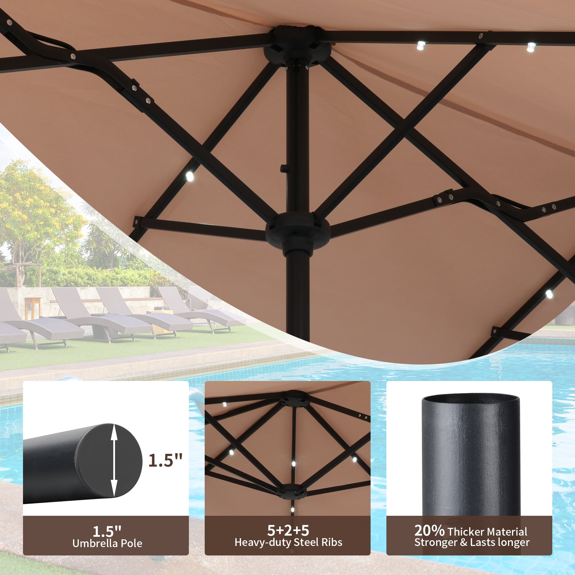 Autlaycil 13ft Solar Patio Umbrella with 36 Solar Powered LED Lights and Crank System for Garden, Deck, Poolside, Outdoor - Beige