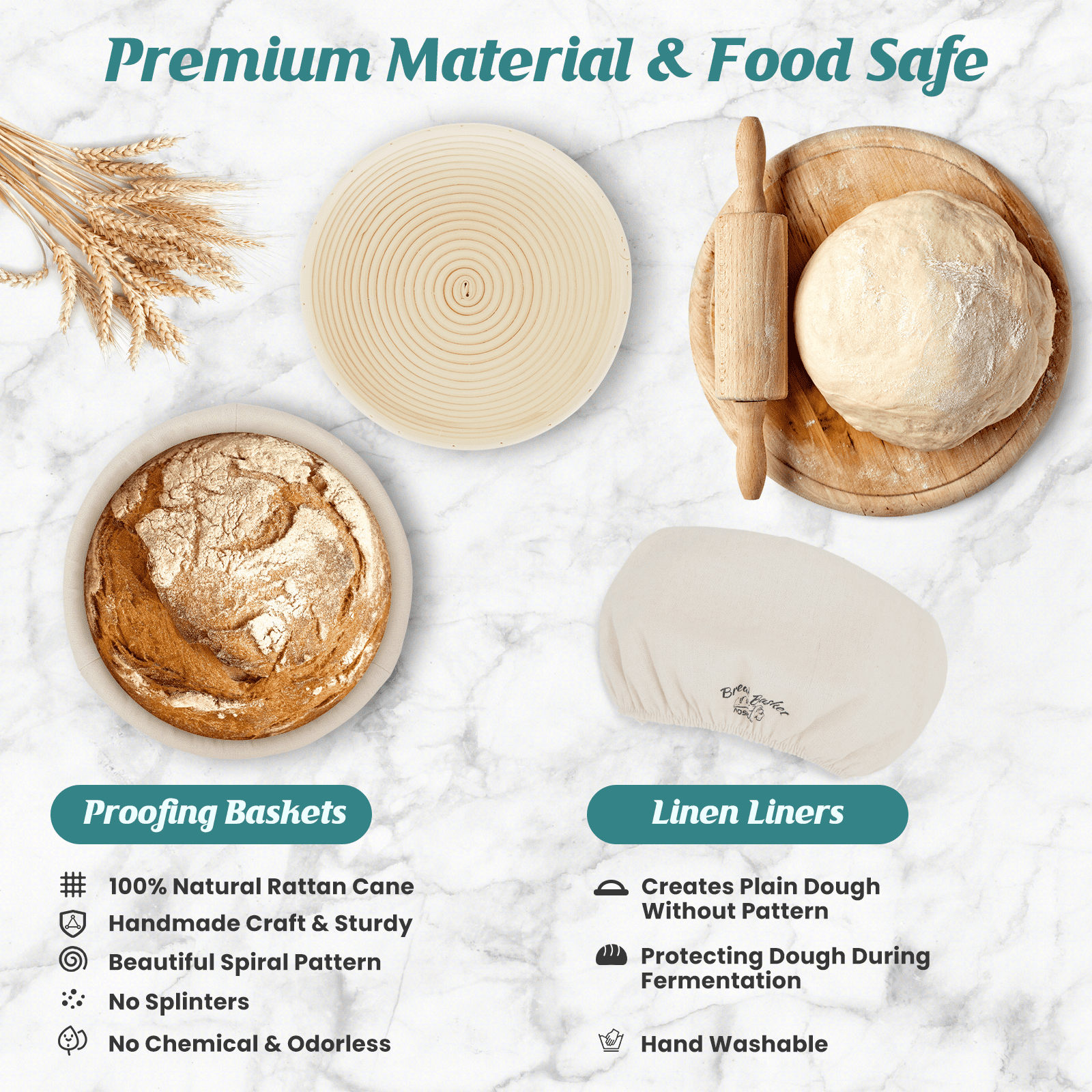 Banneton Bread Proofing Basket Set of 2,Sourdough Bread Kit,9" Round Basket,Bread Making Tools and Supplies,Include Linen Liner, Bread Bag, Danish Dough Whisk,Bread Lame,Bowl Scraper,Dough Scraper Kit