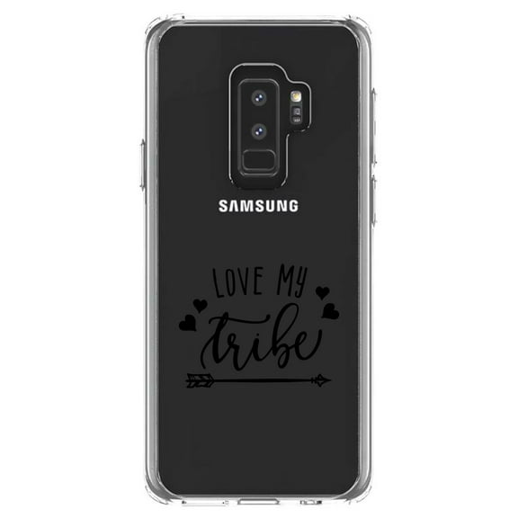 DistinctInk Clear Shockproof Hybrid Case for Samsung Galaxy S9  PLUS (6.2" Screen) - TPU Bumper Acrylic Back Tempered Glass Screen Protector - Love My Tribe - Black Arrow