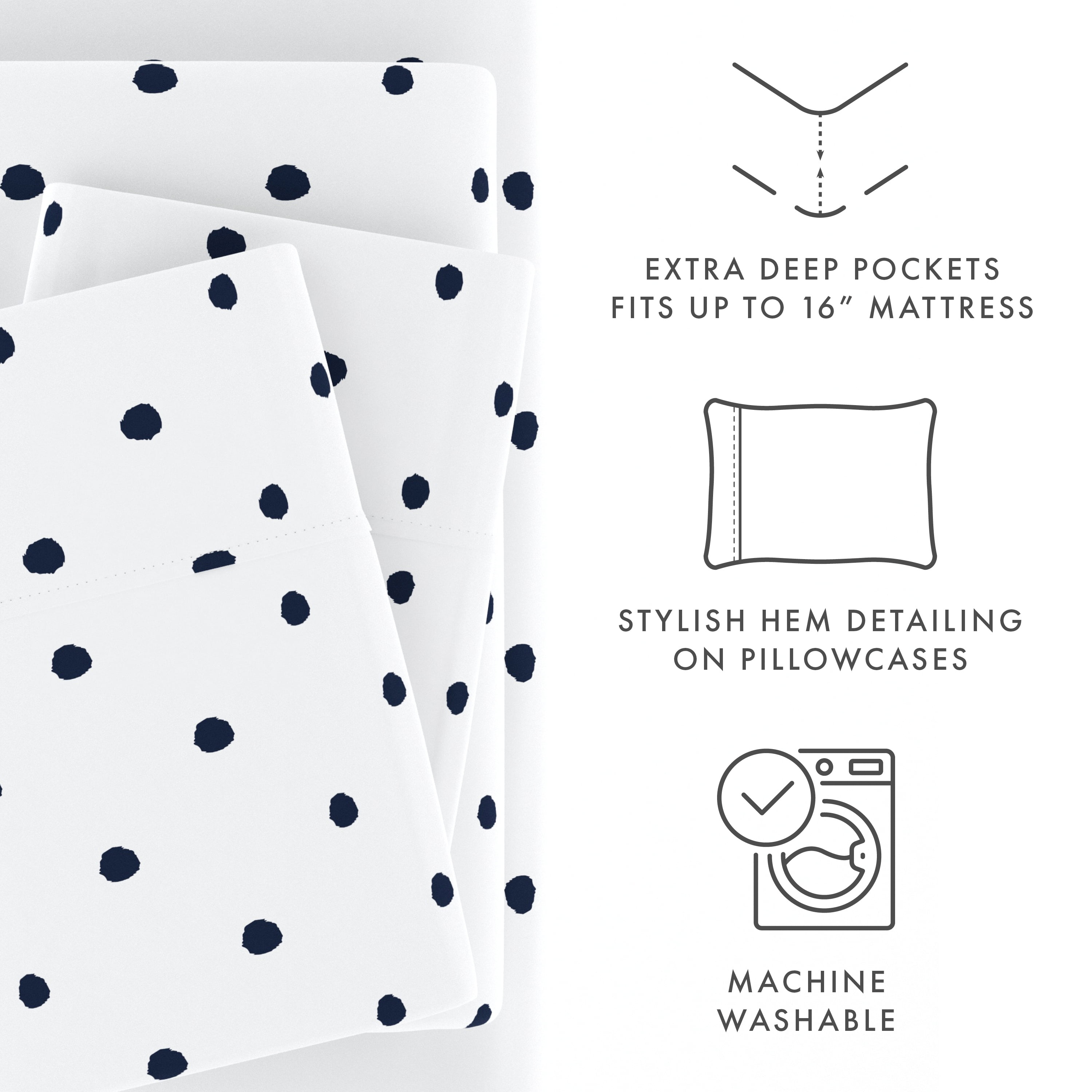Noble Linens 4 Piece Pattern Microfiber Bed Sheets Set, Navy Dots, King